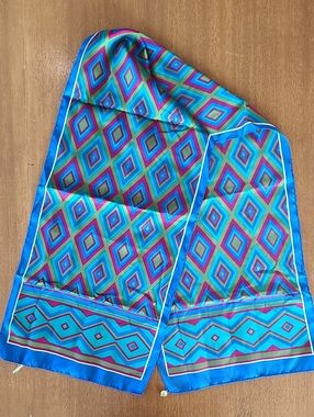 Vintage Italian Geometric Scarf with Gold Tone Corner Charm Accent